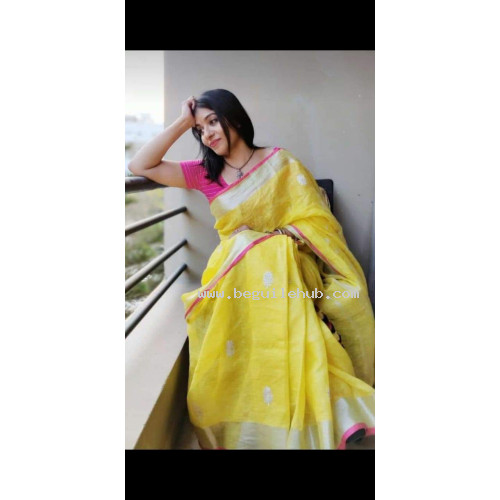 Linen by Linen Embroidered  Saree - N115WA0036 -Yellow