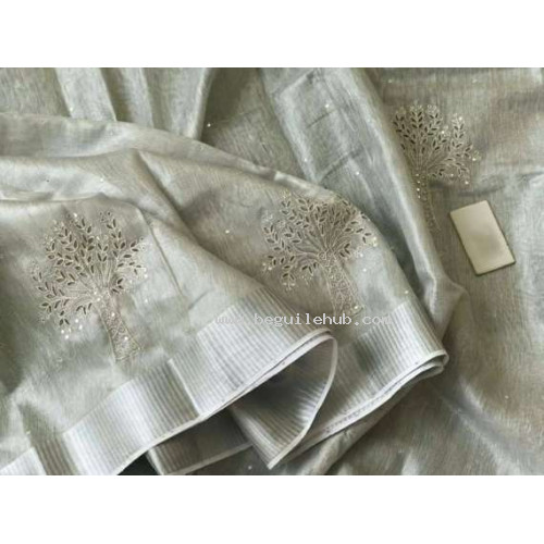  Pure Silver Tissue Linen  Saree with cutwork -N115WA001 