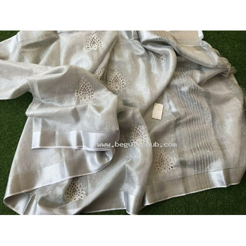 Pure Silver Tissue Linen  Saree with cutwork -N115WA006