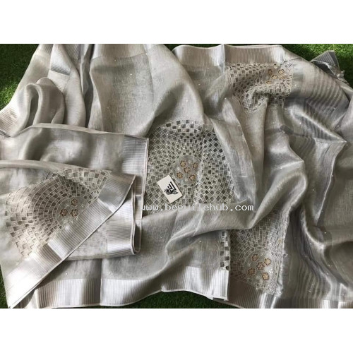 Pure Silver Tissue Linen  Saree with cutwork embroidery -N115WA008