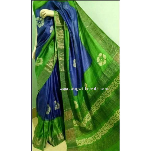 Pure Handwoven Zari Tussar Silk with handblock prints - Z122024-34