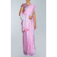 Plain Linen saree with silver zari - N126