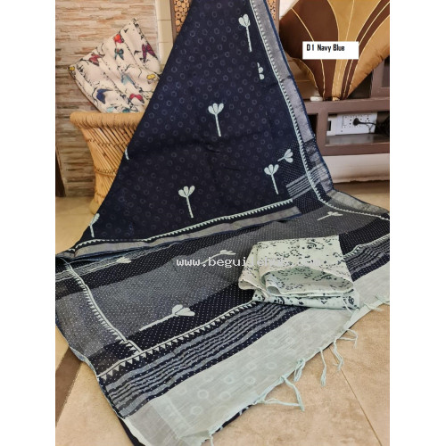  Linen Slub Saree with Zari border - Handloom saree - Block Printed - SJ131D1