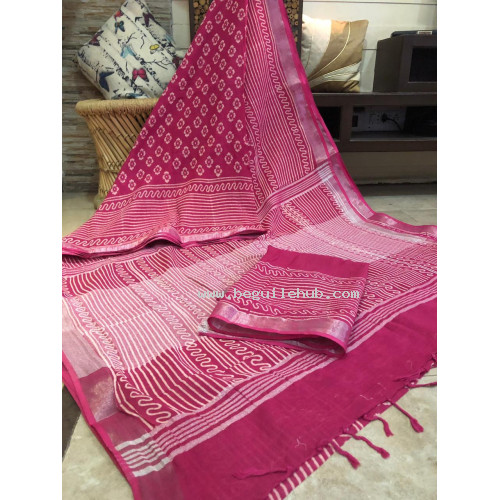  Linen Slub Saree with Zari border - Handloom saree - Block Printed - SJ131F 1/2/3