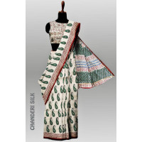 Pure Chanderi Silk Saree with Block print  with blouse  IND003