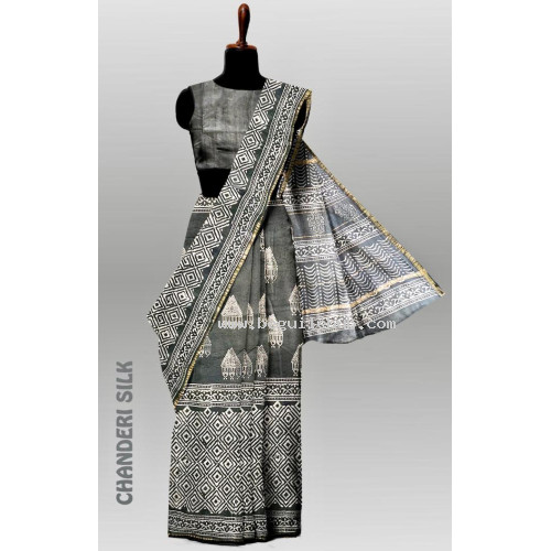  Pure Chanderi Silk Saree with Block print  with blouse   IND005