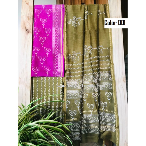 Unstitched chanderi silk salwar set block printed VO137c