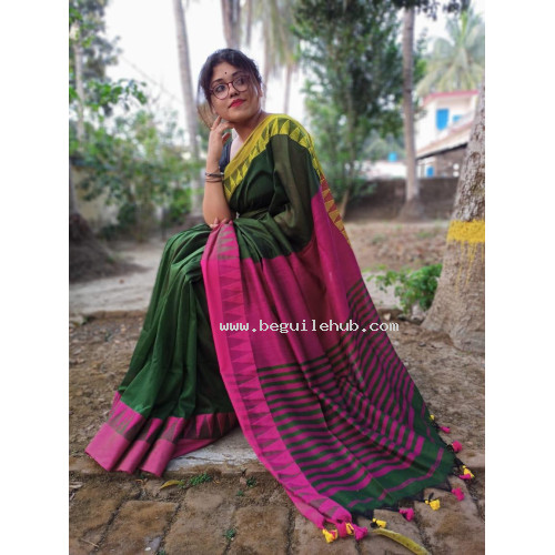 Pure Khadi Cotton saree - Dark Green Saree - Temple design saree -Dailywear saree Pure Khadi Cotton saree - Dark Green Saree - Temple design saree -Dailywear saree