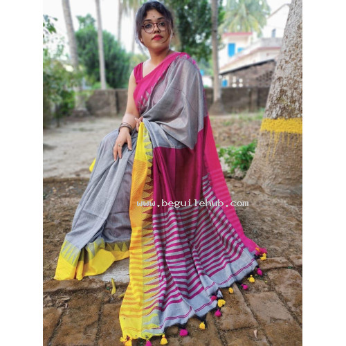 Pure Khadi Cotton saree - Grey Saree - Temple design saree -Dailywear saree