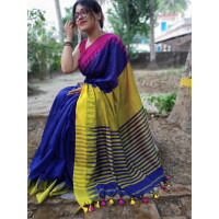 Pure Khadi Cotton saree - Blue Saree - Temple design saree -Dailywear saree