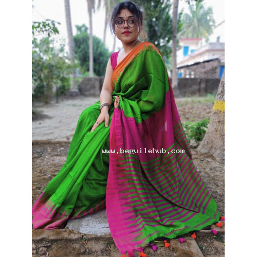 Pure Khadi Cotton saree - Green Saree - Temple design saree -Dailywear saree
