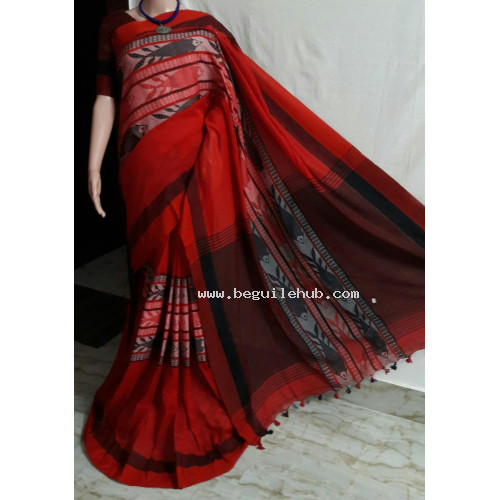 Pure Cotton  Saree - Fish motive Saree - Handloom Cotton Saree - Dark red combo