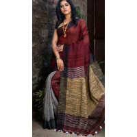 Linen by linen saree - Grey mehroon Saree -Latest linen saree -Best quality saree-partywear saree