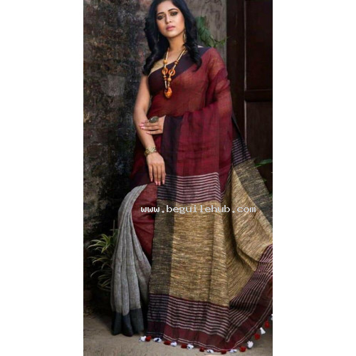 Linen by linen saree - Grey mehroon Saree -Latest linen saree -Best quality saree-partywear saree