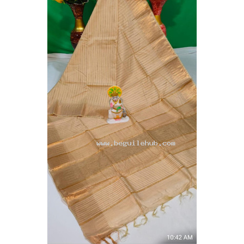 Beautiful  Handloom Organza jute Temple design saree -Festive wear -beige saree