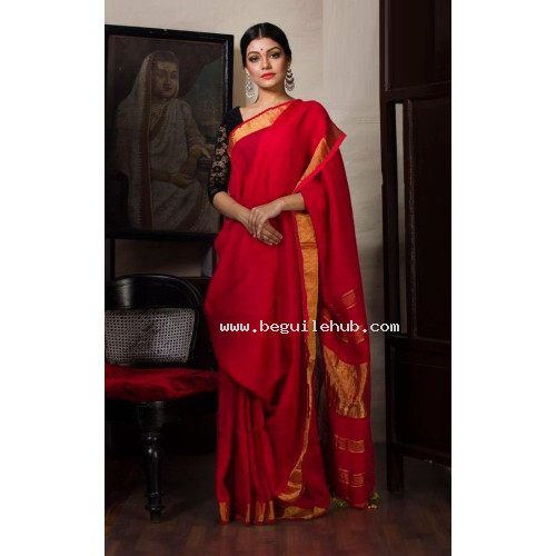 Red Linen Handloom Saree