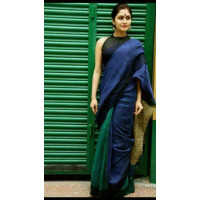 Blue Linen Ghicha Saree with green pleats
