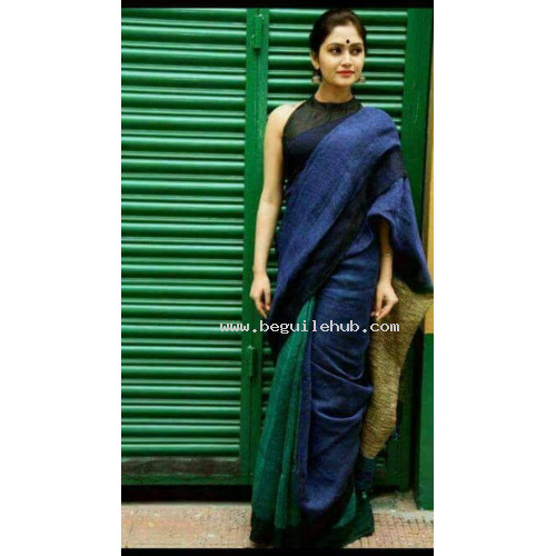 Blue Linen Ghicha Saree with green pleats