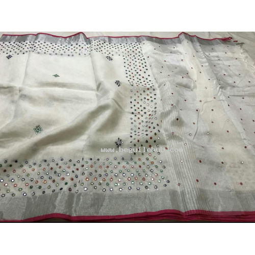 White linen saree with Mirror embroidery 
