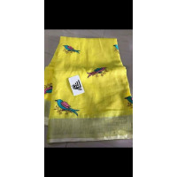 Yellow linen saree with bird embroidery