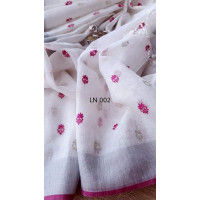 White Linen saree with pink embroidery