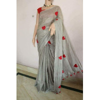 Grey Linen Saree With Red Embroidery