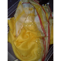 Yellow linen saree with mirror work