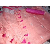 Pink linen saree with silver border