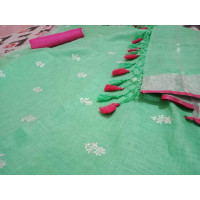 Green linen saree with silver border