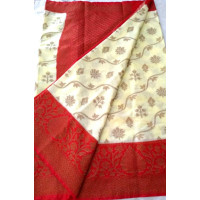 White & Red linen silk benaras saree -0001