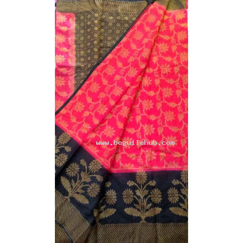 Pink & Black Linen Silk Benaras Handloom Saree -0004