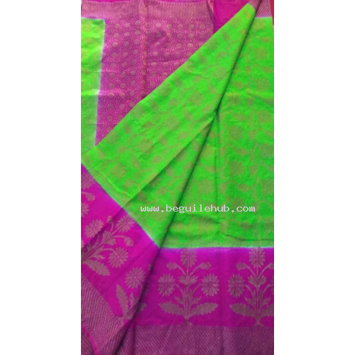 Green & Magenta Linen Silk Benaras Handloom Saree -0005