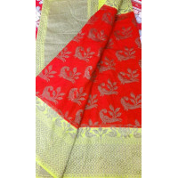 Red Linen Silk Benaras Handloom Saree -0017
