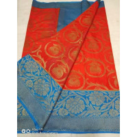 Red and blue linen silk benaras saree - 0018