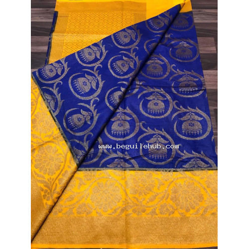 Blue & Yellow Linen Silk Benaras Handloom Saree - 0021