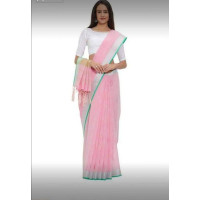 Linen Saree -Color Pink with Silver Zari and green thin border