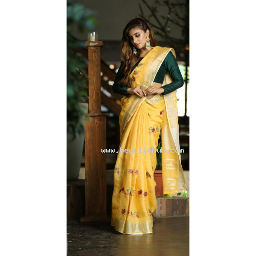 Yellow Linen Embroidery Saree 