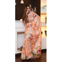 Peach Linen Saree with Floral Digital Prints