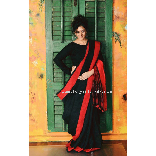 Black & Red Handloom linen saree