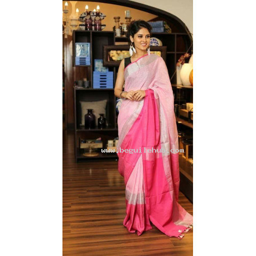  Pink pure Linen Saree with wide border-0063