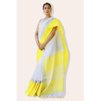 White and Yellow Linen saree with wide border -0068