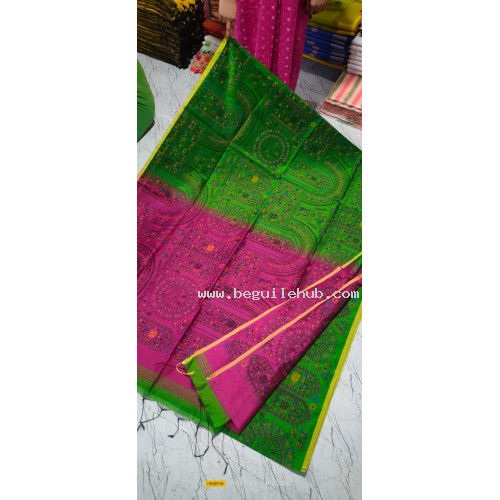 Attractive Light Green Madhuboni Cotton Printed Saree - BHK007