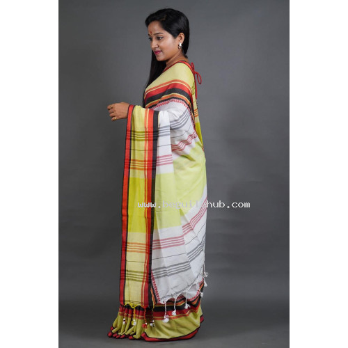 Classic White Pure Cotton Saree With Red and Black Stripes - BHK011