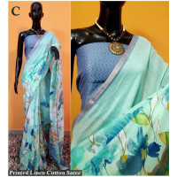 Light Blue Linen Saree with Floral Prints