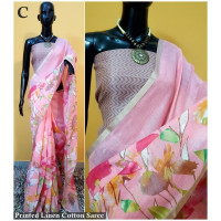 Pink linen saree with floral prints