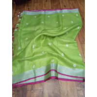 Green linen saree with silver border