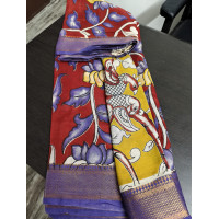 Dark Maroon Kalamkari Saree with Purple Zari Borders & Peacock Pallu - FS154 Dark Maroon Kalamkari Saree with Purple Zari Borders & Peacock Pallu - FS154