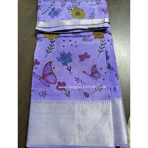 Designer Purple Kalamkari Saree with Butterflies & Broad Silver Zari Borders - FS155