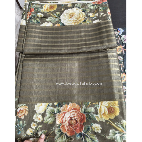 Dark Green Tussar Saree with Golden Zari Stripes & Floral Zari-Highlighted Border - FS172 Dark Green Tussar Saree with Golden Zari Stripes & Floral Zari-Highlighted Border - FS172