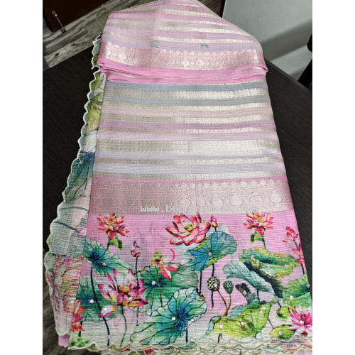 Designer Pink Kota Saree with Chamki Work & Scalloped Floral Borders - FS205 Designer Pink Kota Saree with Chamki Work & Scalloped Floral Borders - FS205